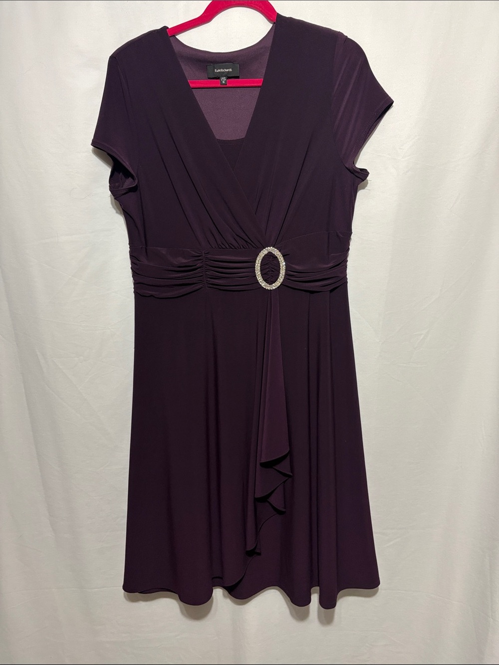 R&M Richards Deep Plum V-Neck Midi Dress with Jeweled Buckle